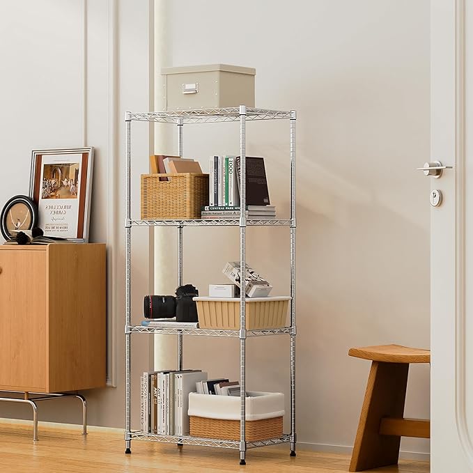 M MZG 1000 lbs 4Tier Shelf Metal Storage Shelves Wire Rack Closet Organizers with Wheel for Garage Kitchen Bathroom Laundry Chrome 13.7" D x 23.6" W x 53.4" H