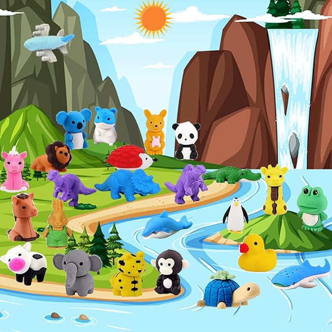URSKYTOUS 110Pcs Animal Erasers Kids Desk Pets Pencil Erasers 3D Puzzle Eraser Bulk Mini Animal Food Toys Fun Cute Eraser for Classroom Rewards, Game Prizes, Treasure Box, Easter Egg Fillers