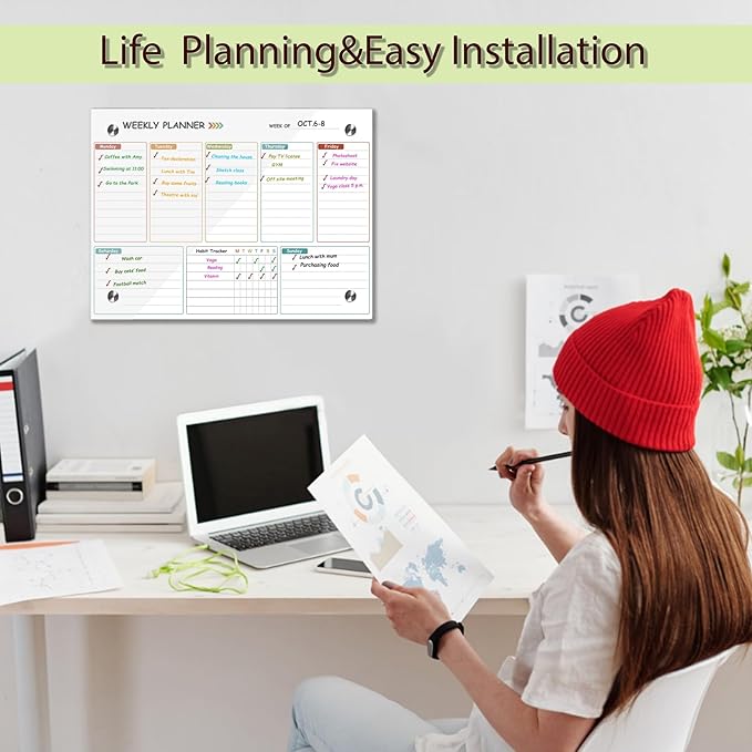 Glass Weekly Dry Erase Board for Wall 16"X 12",Colorful Weekly Calendar Whiteboard,to Do List Weekly Planner Whiteboard,Frameless Mounting,for Memo, School, Home, Office, Kitchen UV3040