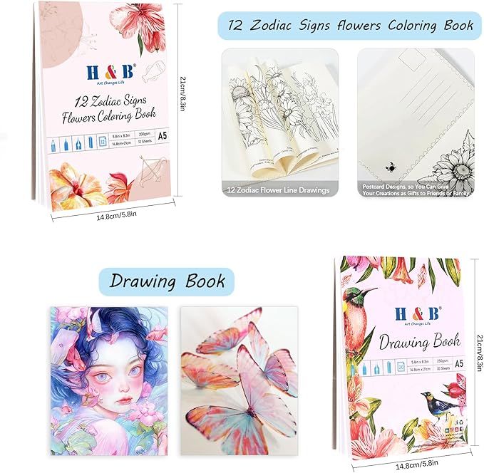 H & B Art Supplies, 72 Pack Drawing Supplies for Adults, Drawing Kit with Drawing Book, Coloring Book, Watercolor, Metallic Charcoal Macaron Oil-Based Coloured Pencils for Artists