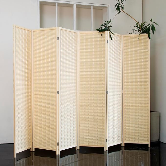 Loomveil 6 Panel Room Divider Folding Privacy Screen,67 inch Bamboo Panel Divider for Home Partition,Beige