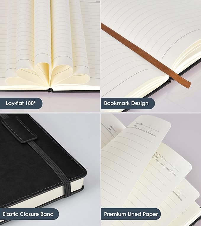 Biuwory Lined Journal Notebook for Women Men,256 Pages A5 Hardcover Leather Journals for Writing,Travel,Business,Work & School,College Ruled Notebooks for Note Taking,Diary Notepad 5.7"×8.3"(Black)