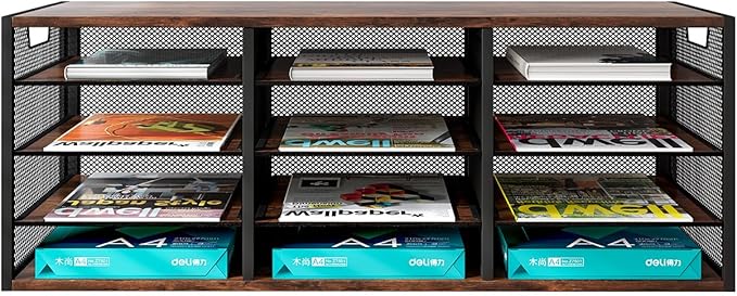 PAG-Mass Mail Sorter Adjustable Holder, Countertop Literature Organizer, Student Mailbox for Classroom, Desktop Bill Paper Organizer for Office Home School, 12 Compartments, Brown