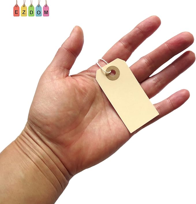 Manila Tags with Elastic Loop - 2 3/4' x 1 3/8', Box of 100 Paper Tags with Reinforced Hole, Labels with String Attached