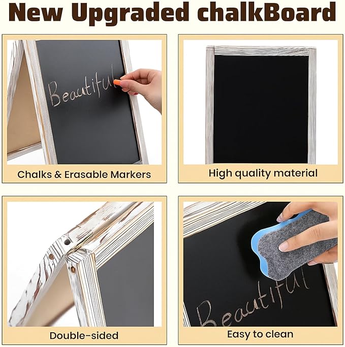 Henoyso 2 Pcs 16" x 10" Small Chalkboard Easel Tabletop Chalkboard Signs Menu Wooden A Frame Sandwich Board for Table, Double Sided with 2 Erasers for Bar Parties Display Home Decor(White)