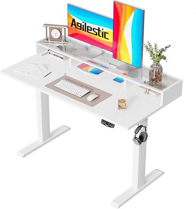 Agilestic Glass Standing Desk with Storage, 48 Inch Electric Adjustable Desk with Glass Shelf, Sit Stand Up Home Office Computer Table, Splice Board, White