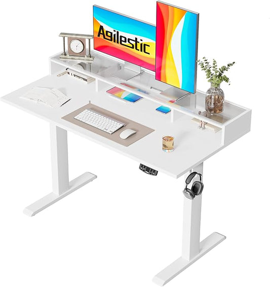 Agilestic Glass Standing Desk with Storage, 48 Inch Electric Adjustable Desk with Glass Shelf, Sit Stand Up Home Office Computer Table, Splice Board, White