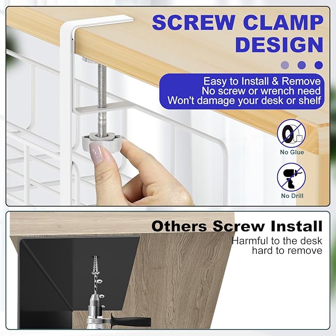 15.7” Under Desk Cable Management Tray, No Drill Steel Cable Tray Organizers, Wire Management Tray Cable Rack with Clamp Mount, Metal Under Desk Tray with Wire and Cord Organizer (White, 1 Pack)