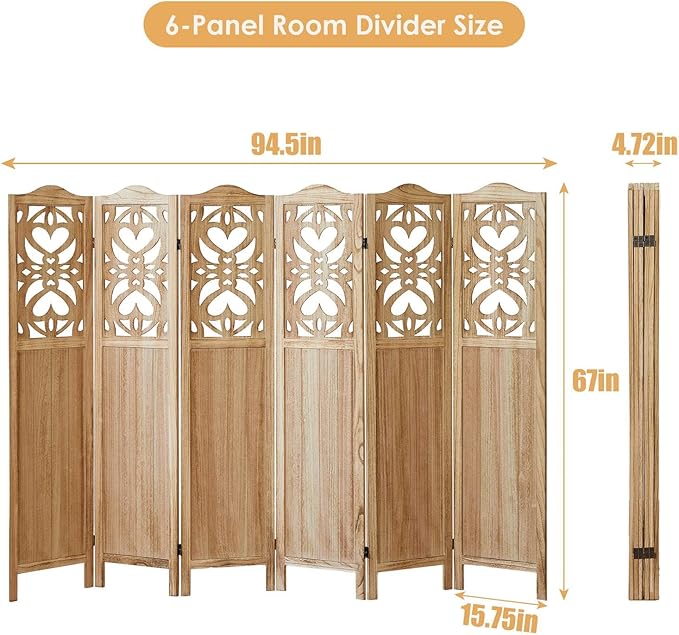 ALeesing 6 Panel Room Divider Fully Assembled, Carved Room Dividers and Folding Screens, 5.6Ft Wood Room Divider Screen Freestanding Partition Wall Dividers for Home Bedroom Office, Rustic Wood Color