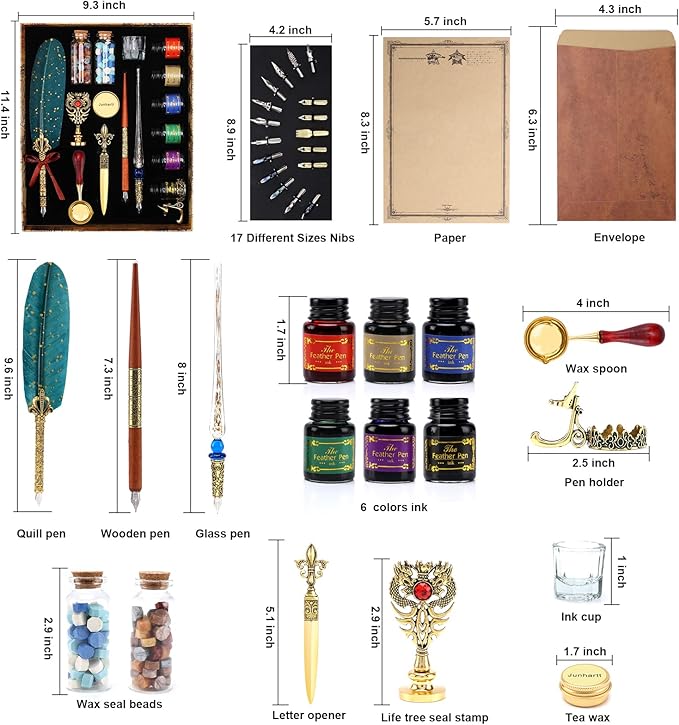Junhartt Quill Feather Pen and Ink Set, Calligraphy Pen Glass Dip Pen and Wax Seal Stamp Kit (Green)