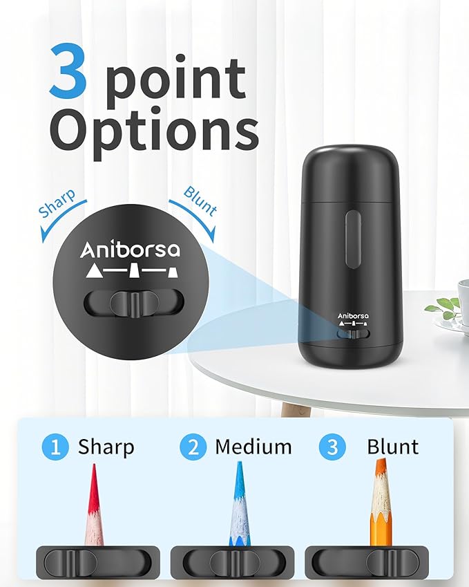 Aniborsa Automatic Electric Pencil Sharpener - Auto Feed, Auto Stop & Auto Eject, Rechargeable for Classroom, Home, School, Office, Black