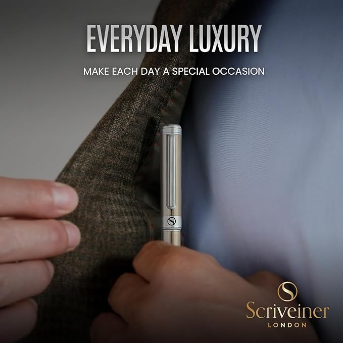 Scriveiner Stainless Steel Fountain Pen - Stunning Luxury Pen with Steel Finish, Schmidt Steel Nib (Fine), Best Pen Gift Set for Men & Women, Professional, Executive Office, Nice Designer Pens