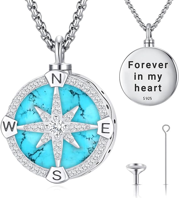 Compass Necklace for Women Men 925 Sterling Silver Pendant Urn Necklaces for Ashes Picture Locket Necklace Anchor Necklace Viking Necklace Crystals CZ Moonstone Abalone Shell Turquoise Compass Jewelry