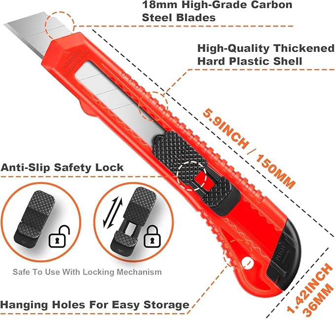 JOYUMY 20 Pack Utility Knife, Box Cutter Retractable, Box Knife for Cartons, Cardboard, and Boxes, Box Opener with 10 Pieces 18mm Snap-off Blade, Razor Knife for Office and Home Use, Box Cutters, Red
