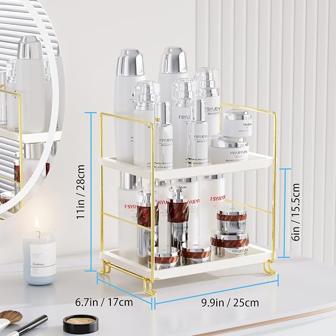 FSyueyun 2-Tier Bathroom Countertop Organizer, Tool-Less Installation Premium Plastics Makeup Shelf Organizer Perfume Skincare for Dresser Vanity Tray Organizers and Storage (Gold)