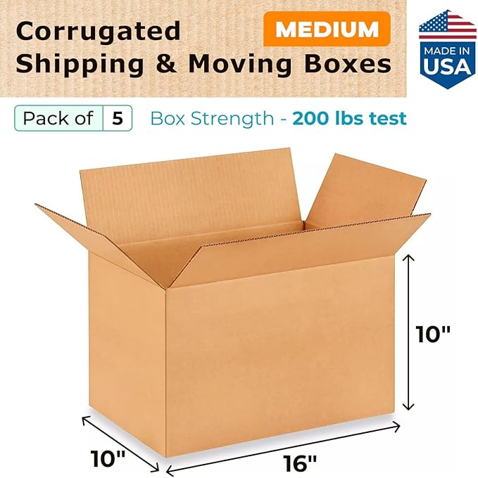 Medium Shipping & Moving Boxes 16 x 10 x 10 inches (5-Pack) - Extra Strength 200 lb vs Regular - Corrugated Packing Boxes for Moving - Cardboard Moving Box - Packaging Box by IDL Packaging
