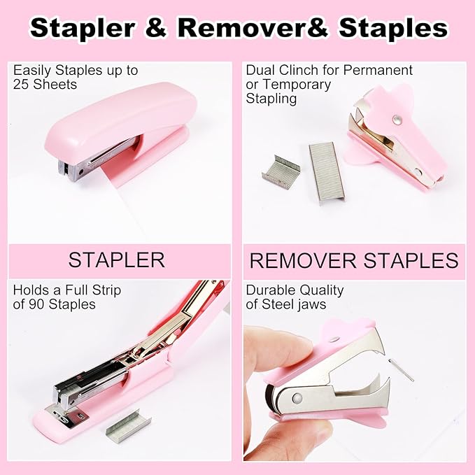 Gawsey Desk Organizers and Accessories Set with 360-Degree Rotating Pen Holder, Tape Dispenser, Stapler, Staple Remover, 1000 Staples, Tape, Clips Set, Ruler, Scissor, Pen