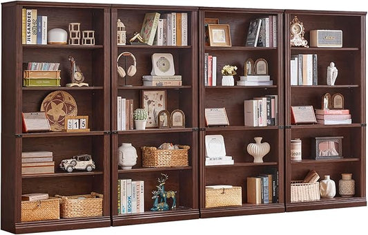 RWYHG 70" Walnut Tall Bookshelf Set of 4,5-Tier Thick Wooden Book Shelf with Adjustable Shelves,Free Standing Farmhouse Bookcase with Open Display Storage,Floor Vintage Bookshelves for Living Room