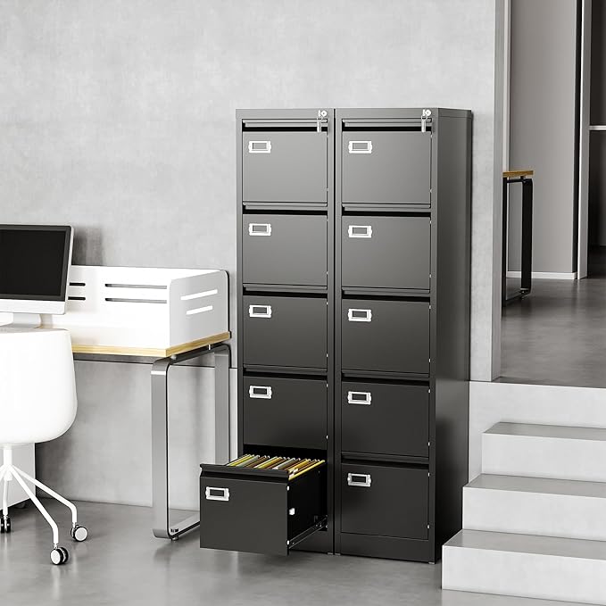 Fesbos File Cabinets - 5 Drawers Vertical 17.8" Deep Lockable Filing Cabinet - Black & Gray Metal Storage Cabinets for Home Office to Hanging Files Letter/Legal/F4/A4 Size