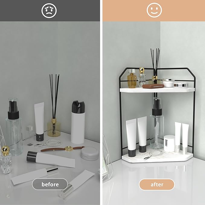 INIUNIK Corner Bathroom Counter Organizer - 2 Tier Wood Vanity Counter Shelf Perfume Skincare Holder, Countertop Corner Shelf Organizer for Bathroom, Kitchen, Rustic White