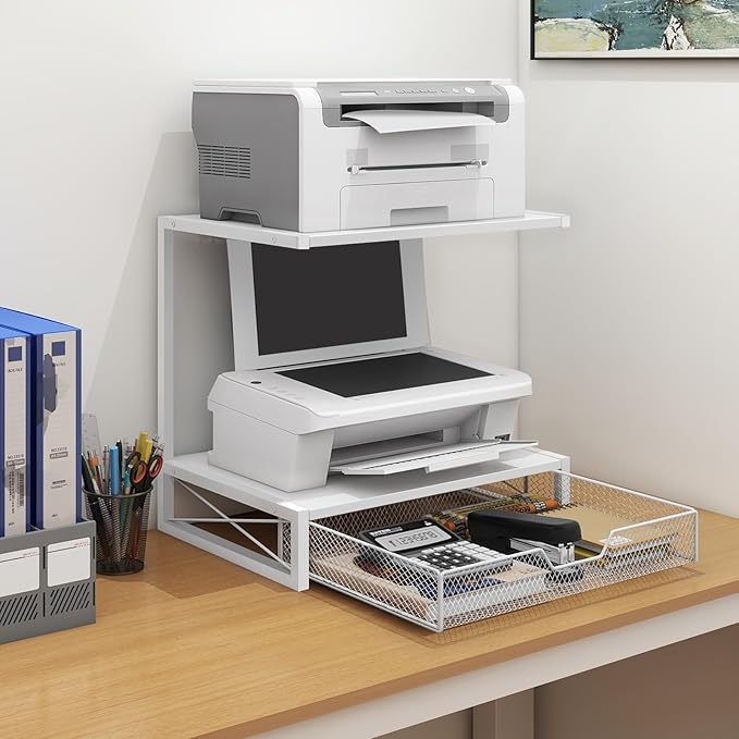 ELITEROO Printer Stand for Desk with Storage Drawer, 2 Tier Desktop or Under Desk Shelf, Wood Desktop Organizer for Home Office, Fits 3D Printer, Scanner, Fax Machine, Cricut, White