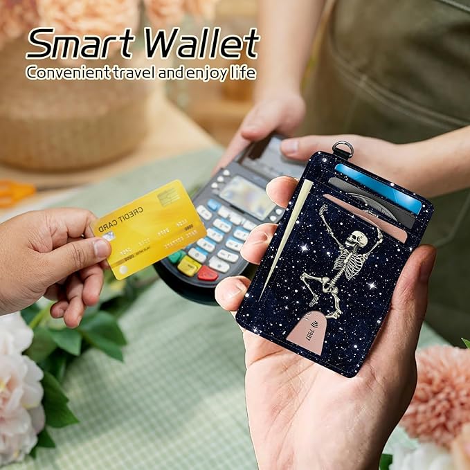 BWEGRHE Small Travel Wallets, Dance Skull Skeleton Slim Minimalist Front Pocket Wallet with Wristlet, RFID Blocking PU Leather Credit Card Holder with ID Window Change Purse for Men Women