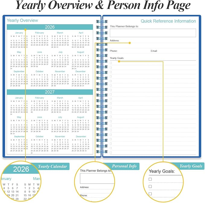 2026-2027 Planner - Weekly & Monthly Planner from January 2026 - June 2027, Spiral Planners 2026-2027 with Elastic Closure, Inner Pocket, Medium 5.8" x 8.3", Blue