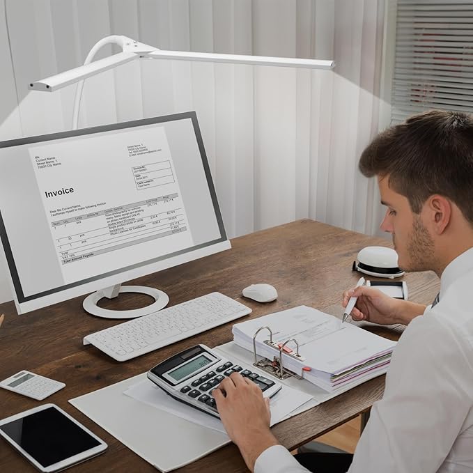 Hensam LED Desk Lamp with Clamp, Double Head Desk Light for Home Office, Dimmable Desktop Light, 12W 1400lm Eye-Caring Architect Table Lamp for Workbench Monitor Computer Reading Study, White