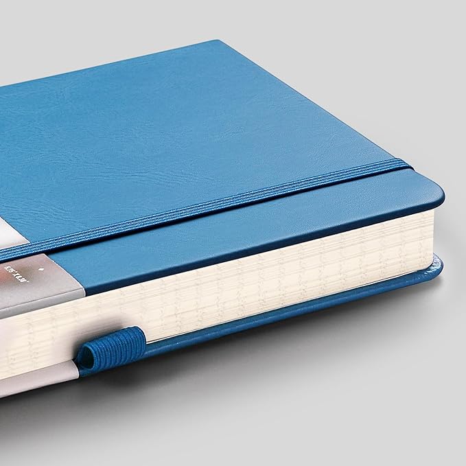 EMSHOI Dotted Notebook - 256 Pages A5 Dot Grid Journal Bullet Notebook with 120gsm Thick Dotted Paper,16 Perforated Pages, Hardcover Leather, Pen Holder, Inner Pocket, 5.75" x 8.38"-LightBlue