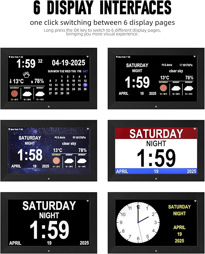 Memwake Digital Alarm Clock, Multiple Alarm Functions, Clock with Date and Day, Digital Alarm and Electronic Calendar for Seniors (White, 7 inch) (10-inch Black WiFi)