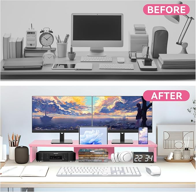Qupui TV Riser Stand with LED Lights, 42.5in Super Large Monitor Stand with Phone Tablet Holder, Tabletop TV Stand Riser for Desk, Desktop Organizer for Computer, TV, Laptop, Printer