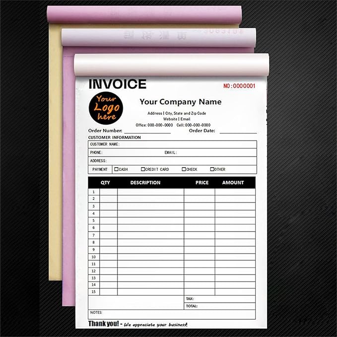 Custom Invoice Book in 3-Part /2-Part Receipt Book with Carbon Copies Personalized Carbonless Service Invoice Form Books Sales Order Book with Company Name Logo Address,E-Invoice Book