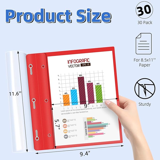 HAUTOCO 30 Pack Plastic Report Covers with 3-Prong Fasteners Clear Front Presentation Folders Resume Folders for 8.5x11 Letter Size Paper, Document Report Cover for School Office Business, Red