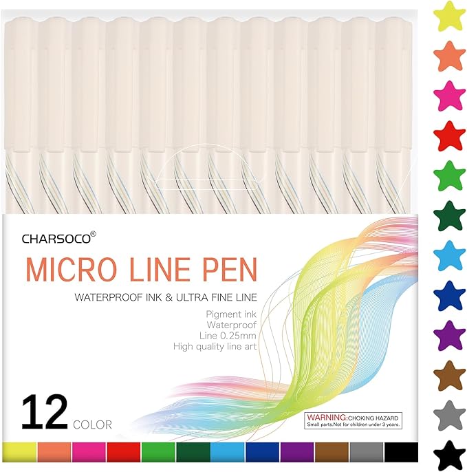 CHARSOCO 01 Micro Fine Point Pen Set - 12 Waterproof Archival Ink Colors, 0.25mm Fineliner Pens for Art Illustrations, Sketching, Anime, Manga, Technical Drawings & Scrapbooking-fan