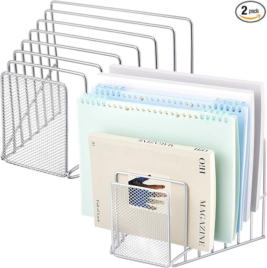 2 Pcs 7 Section Incline File Sorter Metal Wire Mesh File Rack for Desktop Letter Sorter for Magazine Folder Book Organizer Home Office School Paper Mail Desk Storage Holder (Silver)