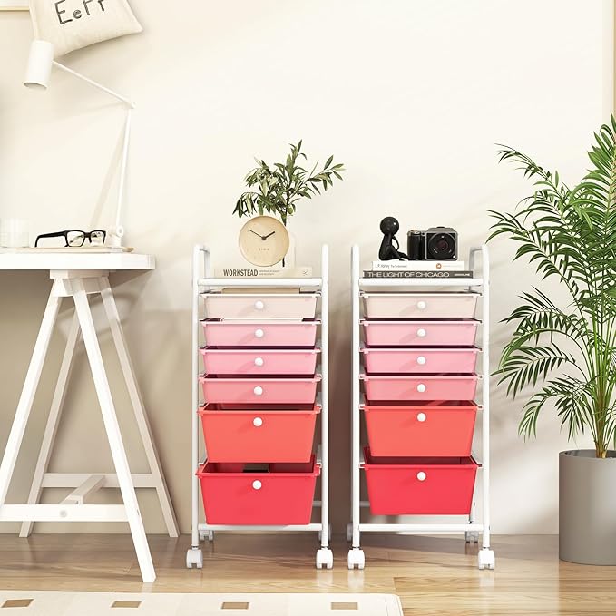 RELAX4LIFE 6-Drawer Rolling Storage Cart - Classroom Organization on Wheels w/Removable Plastic Drawers, Mobile Art Craft Cart for School Paper Home Office, Utility Cart with Drawers (Gradient Pink)