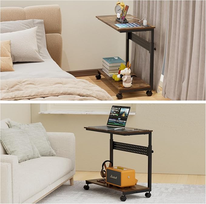 NEYCIL Computer Tower Stand with Charging Station, Height Adjustable 2-Tier CPU Stand with Power Strip and USB Ports, PC Tower Cart with Wheels and Printer Shelf, Rustic Brown and Black