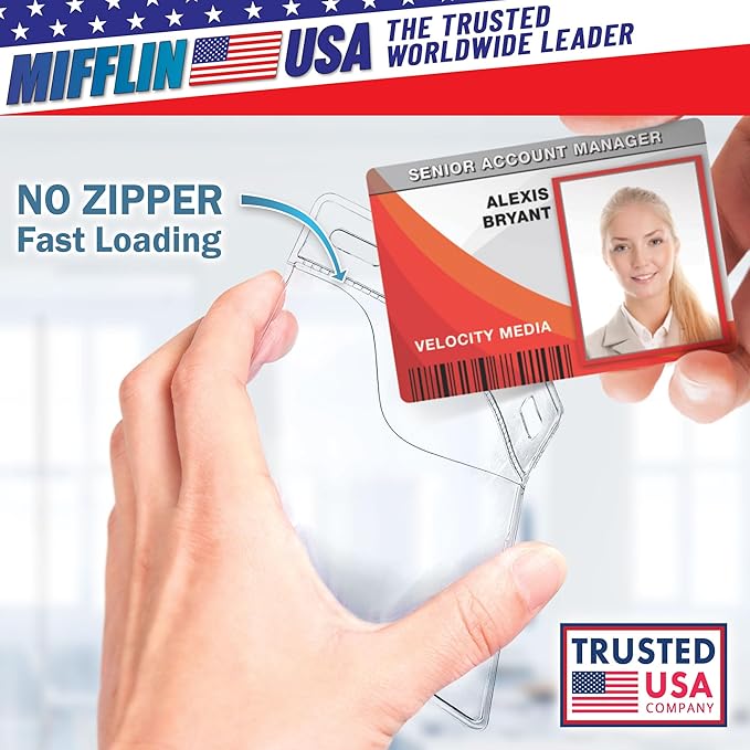 Mifflin-USA Card Protector (4x3 Inch, Clear, Bulk 1000 Pack) Quick Load Horizontal No Zipper Name ID Badge Holder