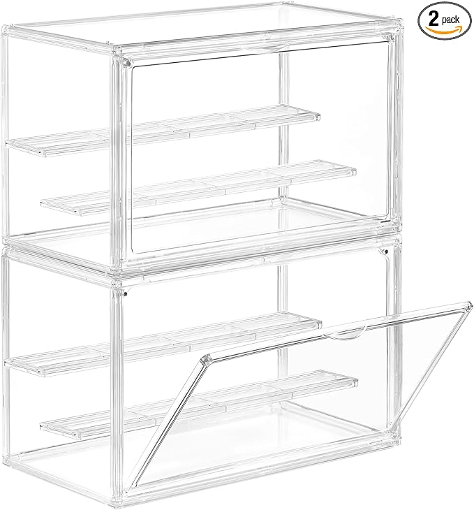 Freebat Clear Acrylic Display Case for Collectibles - 3-Tier Adjustable Figure Display with Magnetic Door & Removable Shelves,Stackable Dispaly Box for Figures - 2 Pack