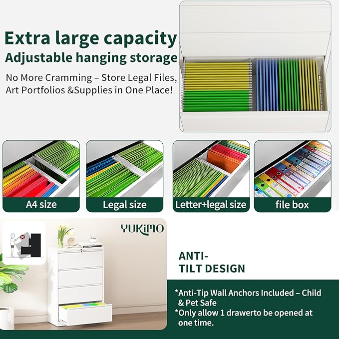 4 Drawer Lateral File Cabinet with Lock, Metal File Cabinets for Home Office, Office Furniture for Organization Hanging Legal/Letter/A4, Metal Filing Cabinet Storage Cabinet, Require Assembly, White