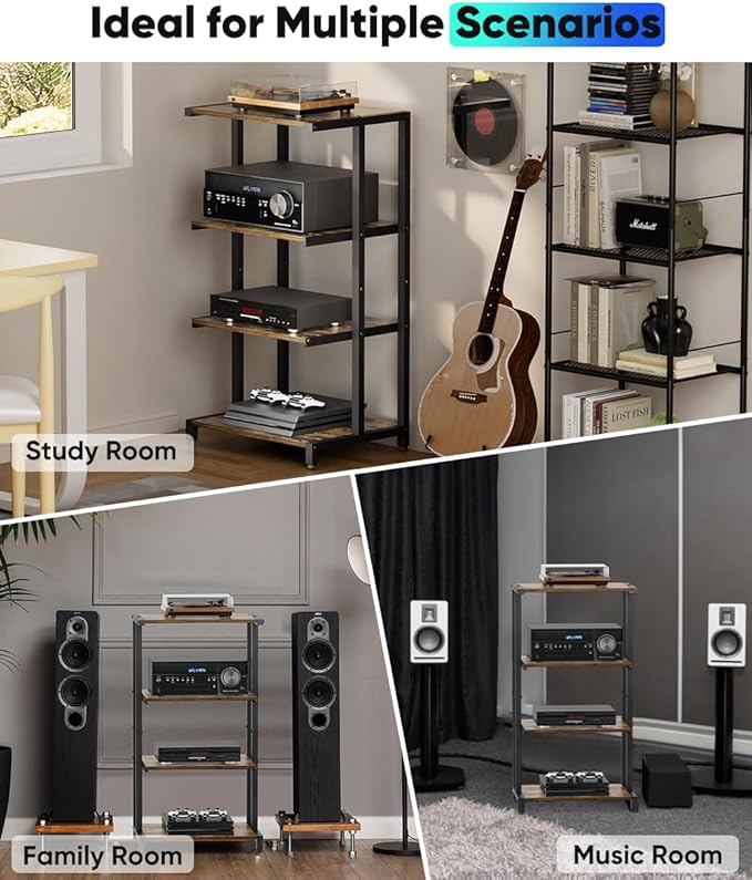 Ardier 4-Tier Wooden Media Stand, AV Media Stand Corner Shelf for TV Accessories/Audiovisual Equipment/Optical Disc/PS4, Audio Storage Rack for Living Room, Gaming Room, Music Studio, Black