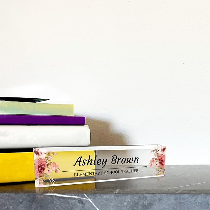 Signs ByLITA Floral Pattern Customized Nameplate | Rustic Rose Personalized Full Color Acrylic Desk Sign