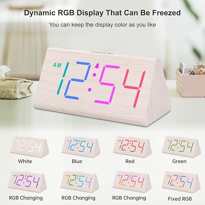 DreamSky Wooden Digital Alarm Clock for Bedroom - RGB Electric Desk Clock with Large Numbers, USB Port, Loud Alarm for Heavy Sleepers, Dimmer and Volume Control, Snooze, Wood Décor (Adapter Powered)