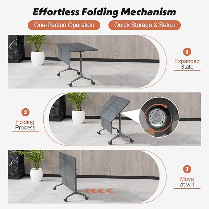 Goakwwuz Conference Room Table, Folding Conference Tables,Thicken Grey Tabletop,Flip Top Wooden Seminar Meeting Room Table for Conference Room Offices (4, BlackWoodGrain, 61.0“)