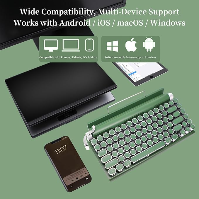 Adventurers Retro Typewriter-Style Mechanical Keyboard, 83 Keys, 75% Compact Layout, Bluetooth 5.0 and Wired, Hot-Swappable Blue Switch, White Backlit for Windows/Mac/iPad/PC/Laptop (Dark Green)