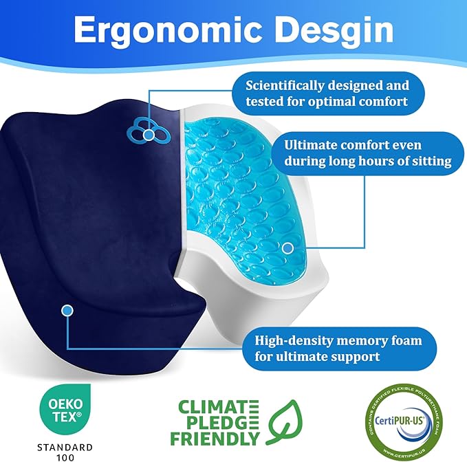 CushyOasis Seat Cushion, Gel Chair Cushions, Office Chair Cushions, Anti-Slip Bottom & Removable Cover Tailbone Pain Relief Cushion, Memory Foam Seat Cushion for Office, Wheelchair, Car (Blue)