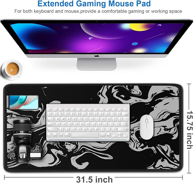 Gaming Mouse Pad, 31.5x15.7 inch Large Extended Computer Keyboard Mouse Mat, Water Resist Non-Slip Mousepad Rubber Base Long XXL Desk Mouse Pad for Gaming, Office & Home, Marble White
