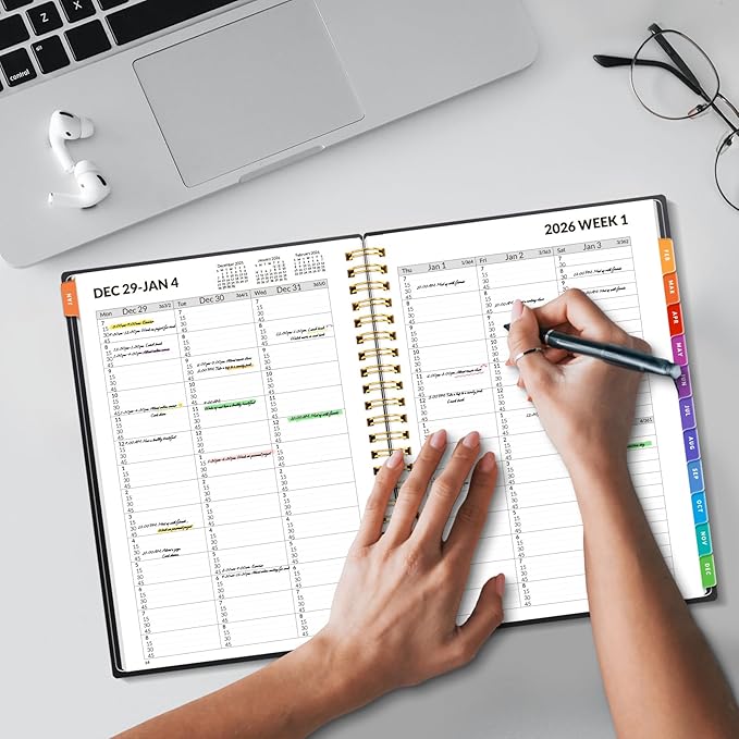 SUNEE 2026 Appointment Book, Quarter-Hourly, Weekly & Monthly - from January 2026 - December 2026, 6.4"x8.3" Weekly Planner, Flexible Cover, Note Pages, Pockets, Bookmark, Spiral Binding, Black