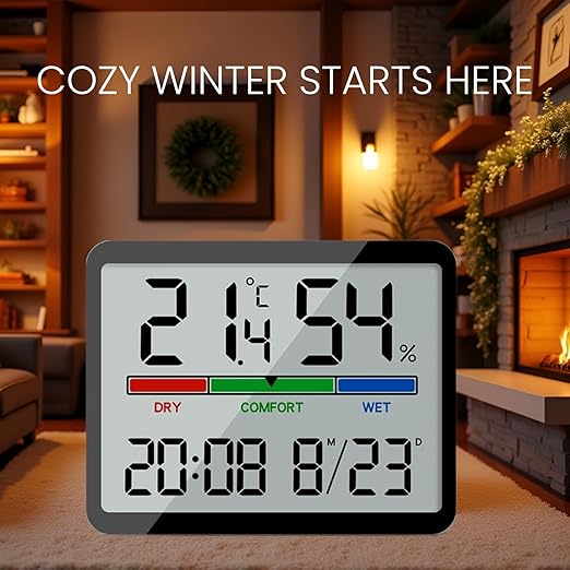 Luzsco Digital Hygrometer Indoor Thermometer, Clock with Temp & Humidity, Temp Gauge with Comfort Indicator, Wall/Magnetic/Desk Alarm Clock for Bedroom, Baby Room, Office, Kitchen, Garage (Black)