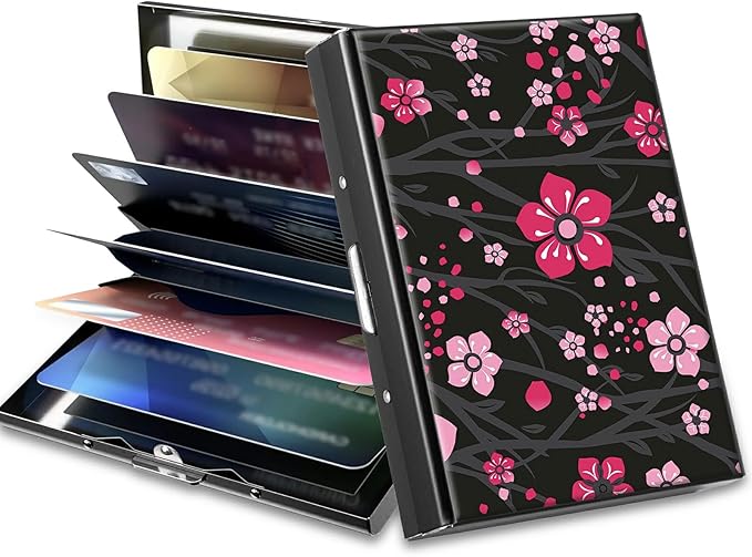 BWEGRHE Slim Credit Card Holder, Pink Cherry Blossom RFID Blocking Metal Wallet for Men & Women, Aluminum Minimalist Hard Case Pocket-Sized Business Cards Organizer (Fits Up to 10 Cards)